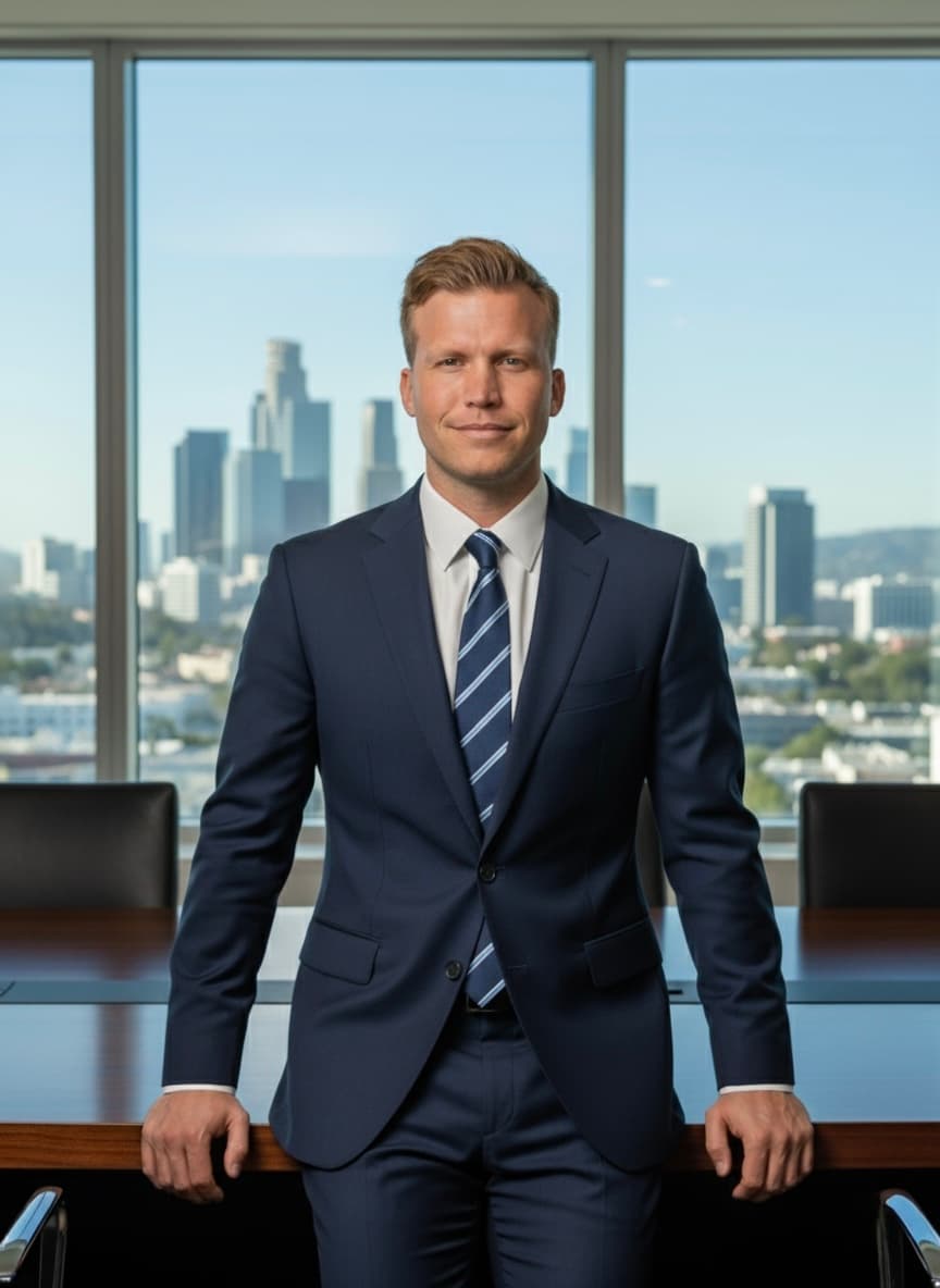 Alexander Ronningen, founder of PipeLedger, in a boardroom with the downtown Los Angeles skyline behind him